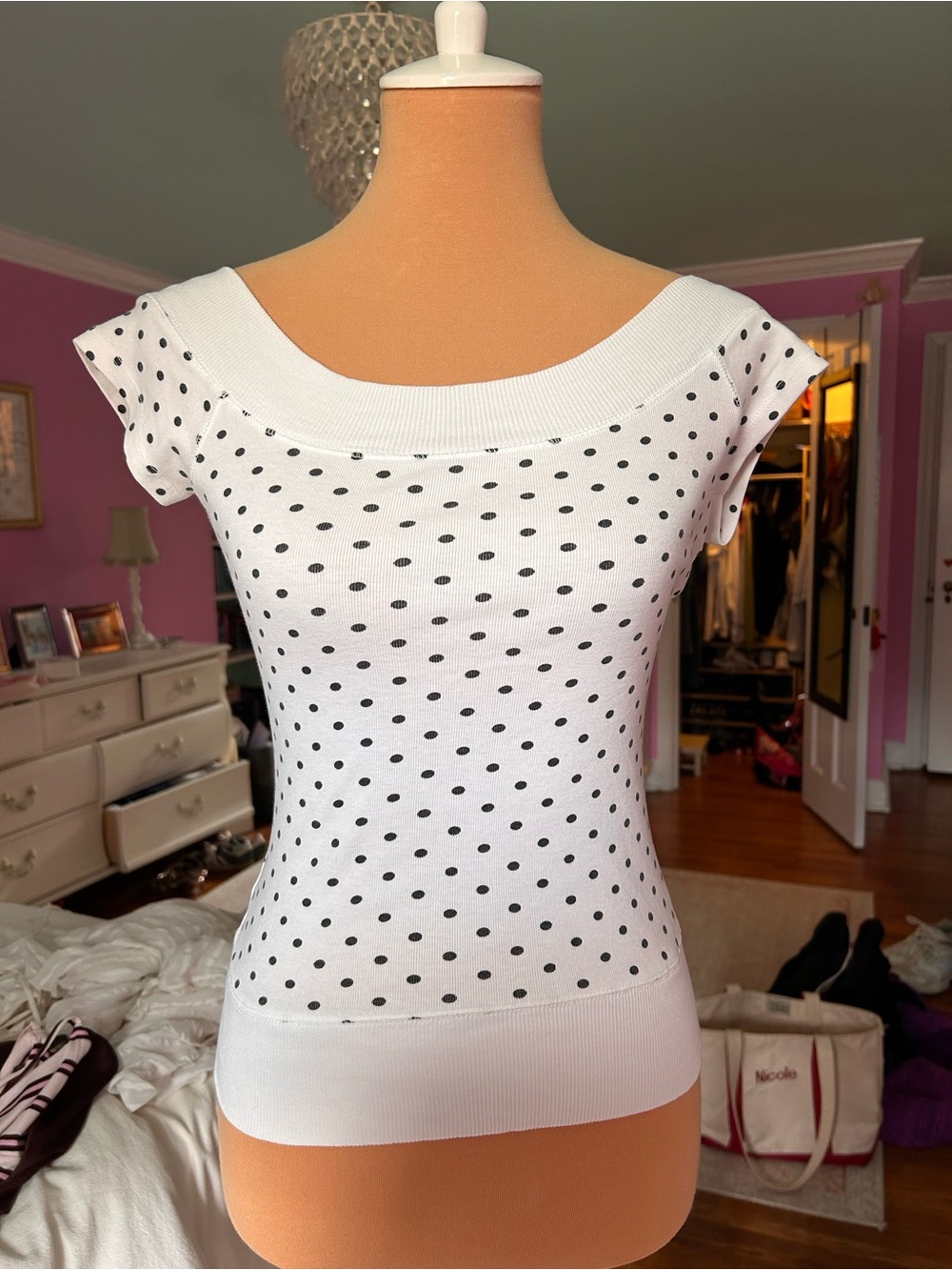 Brandy Melville White Top with Black Polka Dots